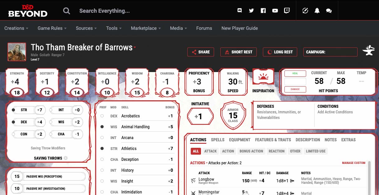 D&D Beyond Character sheet