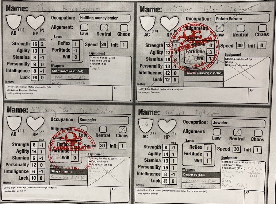 Character sheets with death