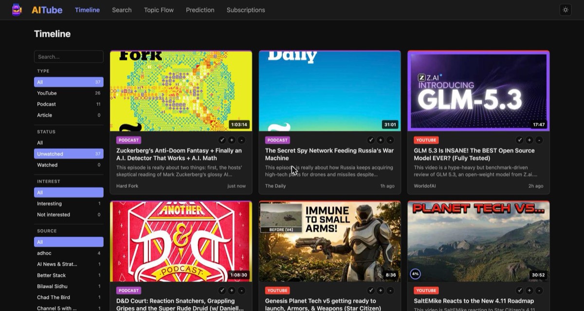 AITube timeline showing YouTube videos, podcasts, and RSS items together in one chronological feed
