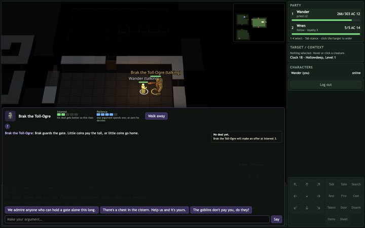 A negotiation scene with Brak the Toll-Ogre showing Interest and Patience meters, suggested arguments, and a free text box