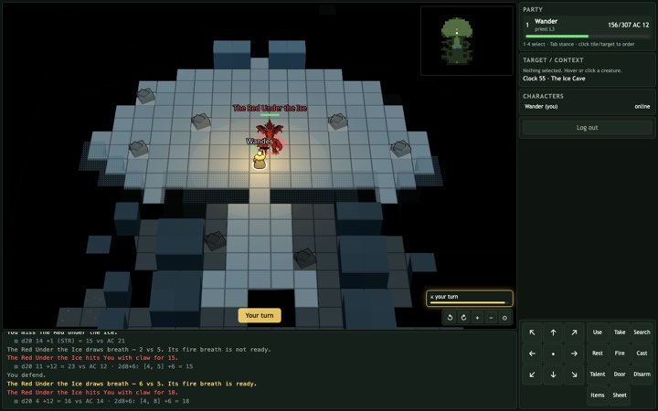 A priest standing on ice cave tiles facing a red dragon labelled The Red Under the Ice, with combat rolls scrolling in the log