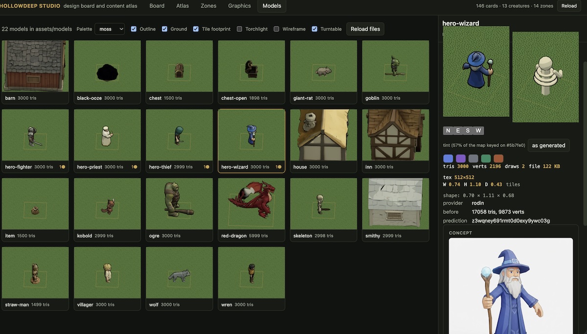 The Models tab of Hollowdeep Studio showing a grid of low poly generated creatures and buildings, with the hero wizard selected beside its concept art