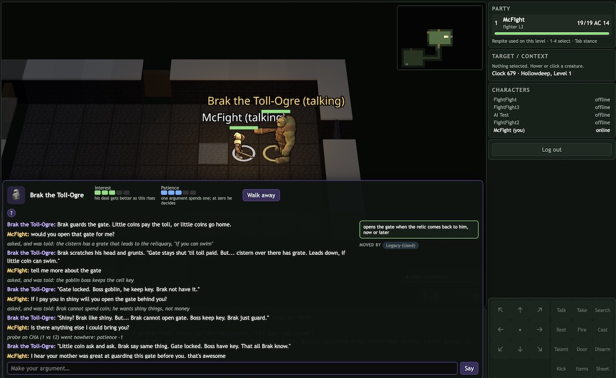 The Hollowdeep negotiation panel showing a conversation with Brak the Toll-Ogre, with Interest and Patience meters at the top and a transcript of arguments below